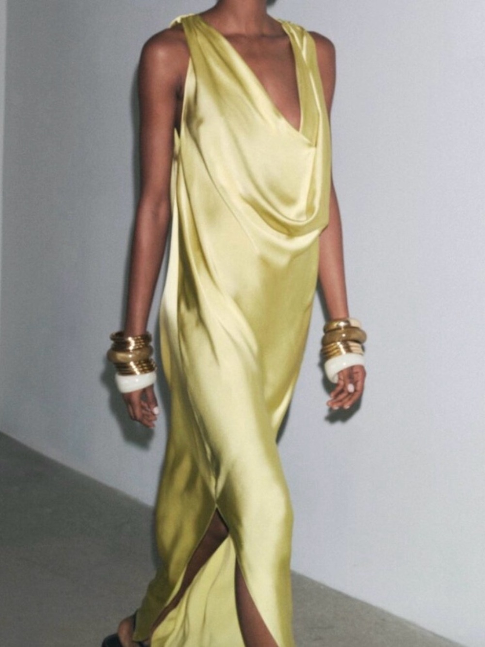 Zara Draped Satin Slip Maxi Dress in Chartreuse